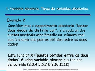 1. Variable aleatoria. Tipos de variables aleatorias. Exemplo 2: Consideramos o  experimento aleatorio “lanzar dous dados de distinta cor”,  e a cada un dos puntos mostrais asociámoslle un  número real que é a suma dos puntos obtidos entre os dous dados. Esta función  X=“puntos obtidos entre os dous dados” é unha variable aleatoria  e ten por percorrido {2,3,4,5,6,7,8,9,10,11,12} 