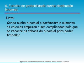 6. Función de probabilidade dunha distribución binomial. Nota: Cando nunha binomial o parámetro n aumenta, os cálculos empezan a ser complicados polo que se recorre ás táboas da binomial para poder traballar 