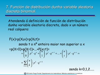 7. Función de distribución dunha variable aleatoria discreta binomial. Atendendo á definición de función de distribución dunha variable aleatoria discreta, dado x un número real calquera: F(x)=p(X ≤x)=p(X≤t)= sendo t o nº enteiro maior non superior a x =p(X=0)+p(X=1)+...+P(x=t)= sendo k=0,1,2..... 