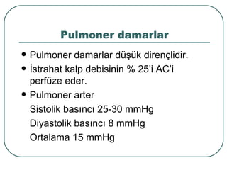 Pulmoner damarlar
   Pulmoner damarlar düşük dirençlidir.
   İstrahat kalp debisinin % 25’i AC’i
    perfüze eder.
   Pulmoner arter
    Sistolik basıncı 25-30 mmHg
    Diyastolik basıncı 8 mmHg
    Ortalama 15 mmHg
 