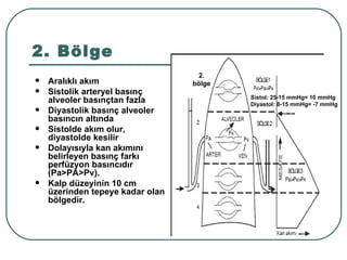 2. Bölge
                                   2.
   Aralıklı akım                 bölge
   Sistolik arteryel basınç
                                          Sistol: 25-15 mmHg= 10 mmHg
    alveoler basınçtan fazla              Diyastol: 8-15 mmHg= -7 mmHg
   Diyastolik basınç alveoler
    basıncın altında
   Sistolde akım olur,
    diyastolde kesilir
   Dolayısıyla kan akımını
    belirleyen basınç farkı
    perfüzyon basıncıdır
    (Pa>PA>Pv).
   Kalp düzeyinin 10 cm
    üzerinden tepeye kadar olan
    bölgedir.
 