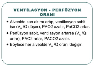 VENTİLASYON - PERFÜZYON
               ORANI
   Alveolde kan akımı artıp, ventilasyon sabit
    ise (VA /Q düşer), PAO2 azalır, PaCO2 artar.
   Perfüzyon sabit, ventilasyon artarsa (VA /Q
    artar), PAO2 artar, PACO2 azalır.
   Böylece her alveolde VA /Q oranı değişir.
 