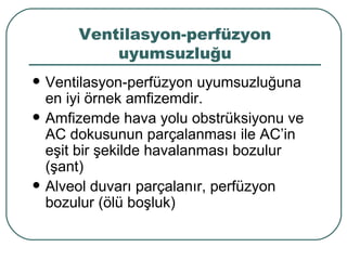 Ventilasyon-perfüzyon
            uyumsuzluğu
   Ventilasyon-perfüzyon uyumsuzluğuna
    en iyi örnek amfizemdir.
   Amfizemde hava yolu obstrüksiyonu ve
    AC dokusunun parçalanması ile AC’in
    eşit bir şekilde havalanması bozulur
    (şant)
   Alveol duvarı parçalanır, perfüzyon
    bozulur (ölü boşluk)
 
