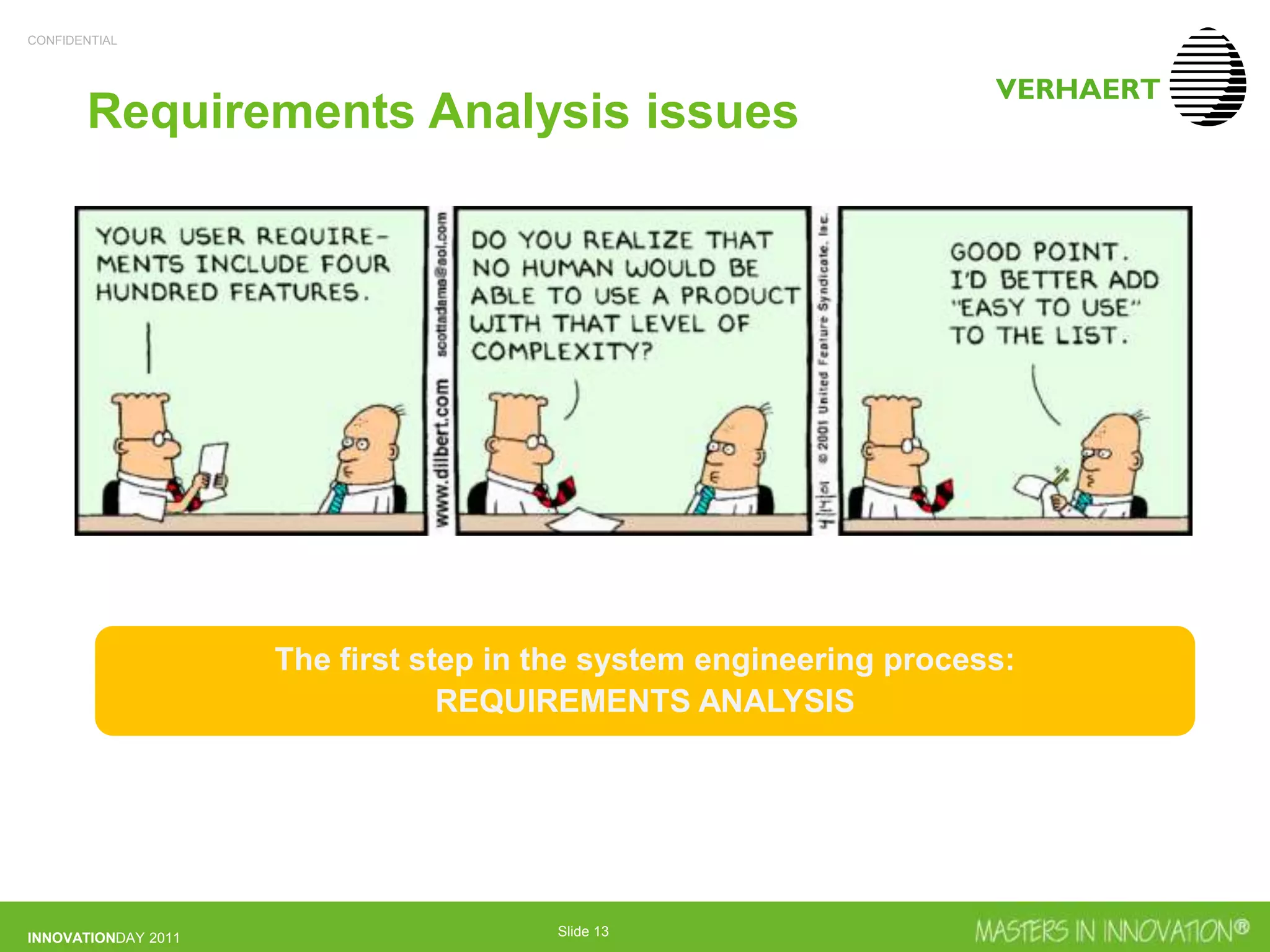 CONFIDENTIAL
INNOVATIONDAY 2011 Slide 13
Requirements Analysis issues
The first step in the system engineering process:
REQUIREMENTS ANALYSIS
 