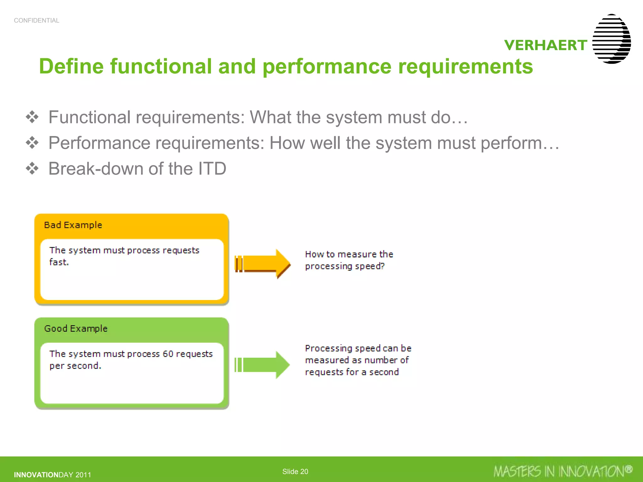 CONFIDENTIAL
INNOVATIONDAY 2011 Slide 20
Define functional and performance requirements
 Functional requirements: What the system must do…
 Performance requirements: How well the system must perform…
 Break-down of the ITD
 
