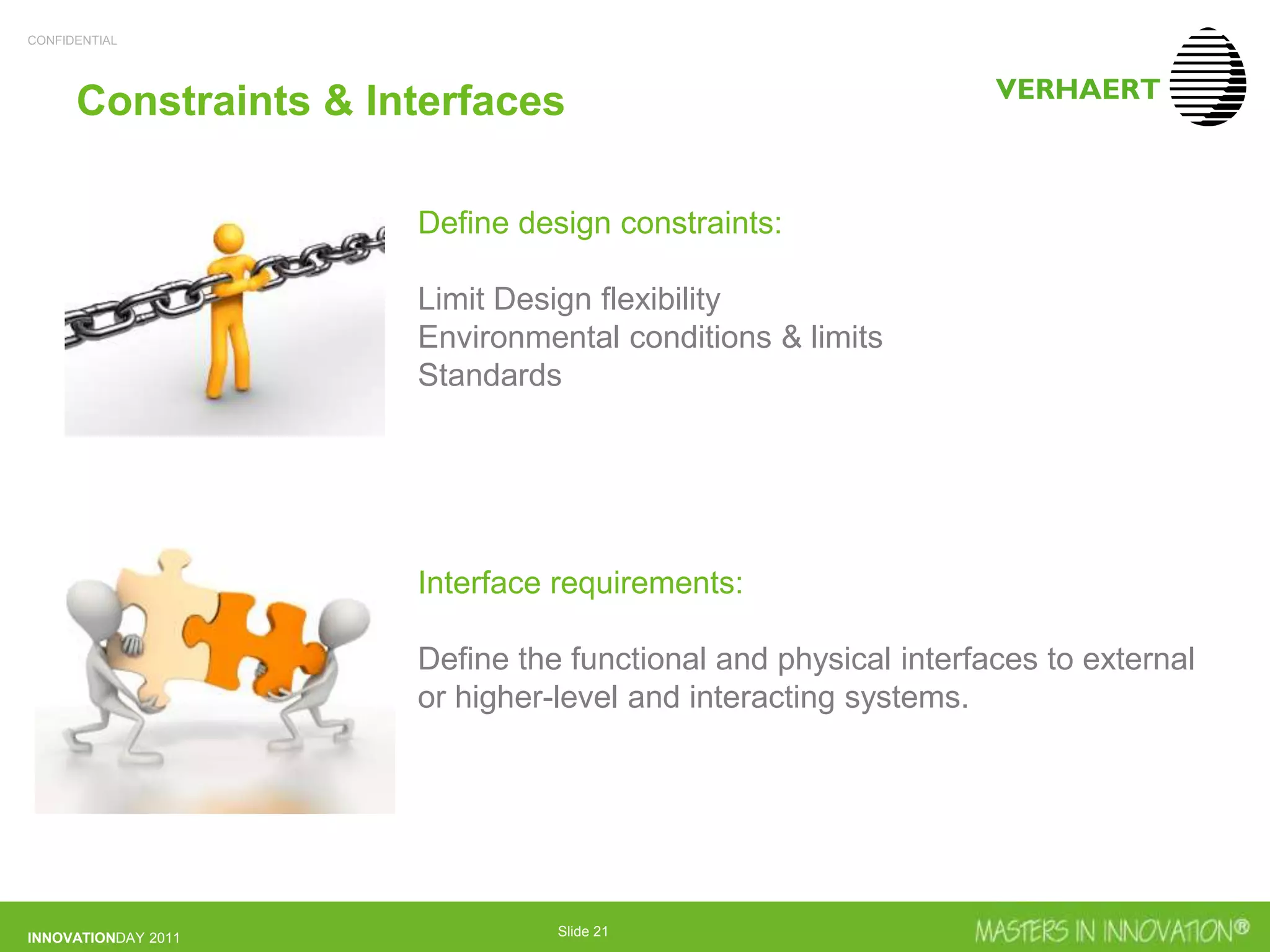 CONFIDENTIAL
INNOVATIONDAY 2011 Slide 21
Constraints & Interfaces
Define design constraints:
Limit Design flexibility
Environmental conditions & limits
Standards
Interface requirements:
Define the functional and physical interfaces to external
or higher-level and interacting systems.
 