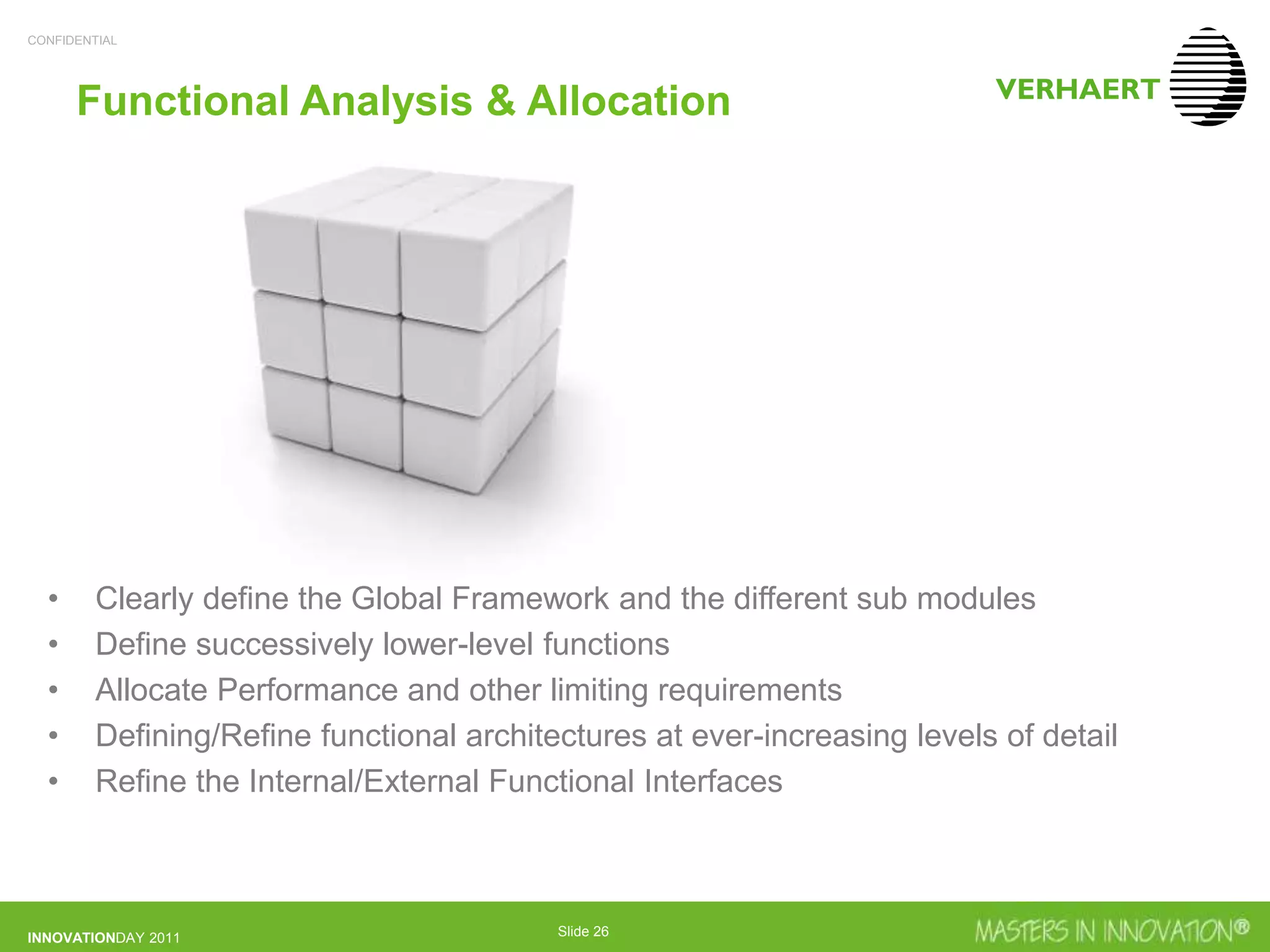 CONFIDENTIAL
INNOVATIONDAY 2011 Slide 26
Functional Analysis & Allocation
• Clearly define the Global Framework and the different sub modules
• Define successively lower-level functions
• Allocate Performance and other limiting requirements
• Defining/Refine functional architectures at ever-increasing levels of detail
• Refine the Internal/External Functional Interfaces
 