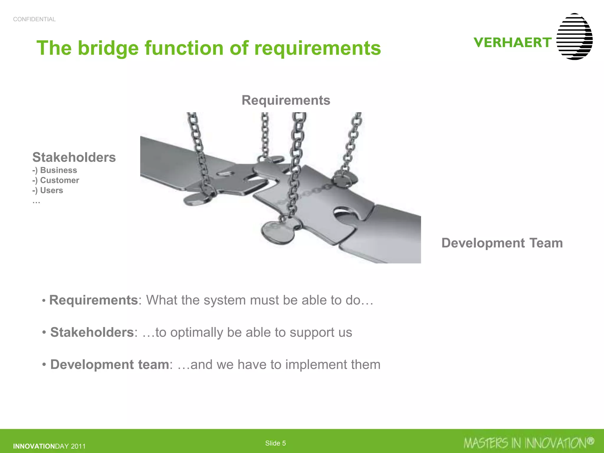 CONFIDENTIAL
INNOVATIONDAY 2011 Slide 5
The bridge function of requirements
Requirements
Stakeholders
-) Business
-) Customer
-) Users
…
Development Team
• Requirements: What the system must be able to do…
• Stakeholders: …to optimally be able to support us
• Development team: …and we have to implement them
 