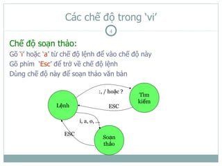Các chế độ trong ‘vi’
                                       4

Chế độ soạn thảo:
Gõ ‘i’ hoặc ‘a’ từ chế độ lệnh để vào chế độ này
Gõ phím ‘Esc’ để trở về chế độ lệnh
Dùng chế độ này để soạn thảo văn bản

                                 :, / hoặc ?
                                               Tìm
                                               kiếm
               Lệnh                   ESC

                        i, a, o, …

                  ESC
                                     Soạn
                                     thảo
 