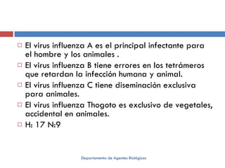 El virus influenza A es el principal infectante para el hombre y los animales . El virus influenza B tiene errores en los tetrámeros que retardan la infección humana y animal. El virus influenza C tiene diseminación exclusiva para animales. El virus influenza Thogoto es exclusivo de vegetales, accidental en animales. H: 17 N:9 Departamento de Agentes Biológicos 