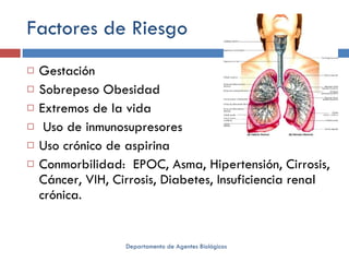 Factores de Riesgo Gestación Sobrepeso Obesidad Extremos de la vida Uso de inmunosupresores Uso crónico de aspirina Conmorbilidad:  EPOC, Asma, Hipertensión, Cirrosis, Cáncer, VIH, Cirrosis, Diabetes, Insuficiencia renal crónica. Departamento de Agentes Biológicos 