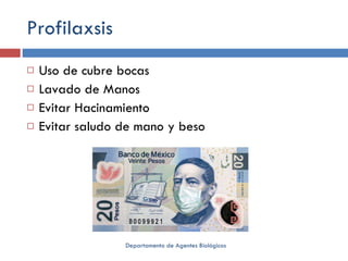 Profilaxsis Uso de cubre bocas Lavado de Manos Evitar Hacinamiento Evitar saludo de mano y beso Departamento de Agentes Biológicos 
