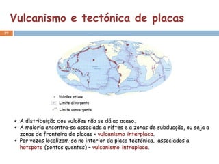 Vulcanismo e tectónica de placas
39




      A distribuição dos vulcões não se dá ao acaso.
      A maioria encontra-se associada a riftes e a zonas de subducção, ou seja a
      zonas de fronteira de placas – vulcanismo interplaca.
      Por vezes localizam-se no interior da placa tectónica, associados a
      hotspots (pontos quentes) – vulcanismo intraplaca.
 