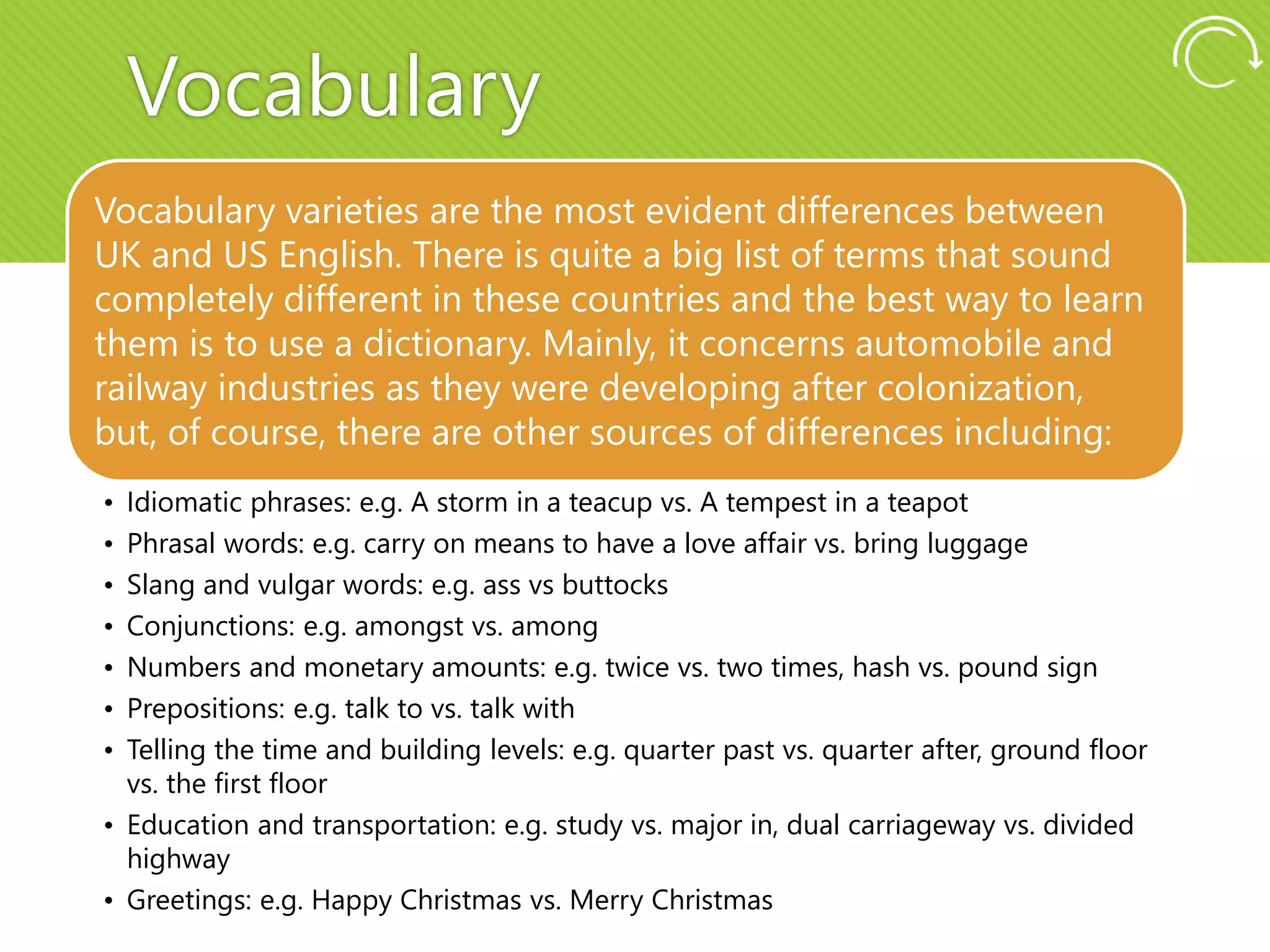Vocabulary
Vocabulary varieties are the most evident differences between
UK and US English. There is quite a big list of terms that sound
completely different in these countries and the best way to learn
them is to use a dictionary. Mainly, it concerns automobile and
railway industries as they were developing after colonization,
but, of course, there are other sources of differences including:
• Idiomatic phrases: e.g. A storm in a teacup vs. A tempest in a teapot
• Phrasal words: e.g. carry on means to have a love affair vs. bring luggage
• Slang and vulgar words: e.g. ass vs buttocks
• Conjunctions: e.g. amongst vs. among
• Numbers and monetary amounts: e.g. twice vs. two times, hash vs. pound sign
• Prepositions: e.g. talk to vs. talk with
• Telling the time and building levels: e.g. quarter past vs. quarter after, ground floor
vs. the first floor
• Education and transportation: e.g. study vs. major in, dual carriageway vs. divided
highway
• Greetings: e.g. Happy Christmas vs. Merry Christmas
 