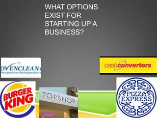 WHAT OPTIONS
EXIST FOR
STARTING UP A
BUSINESS?
 