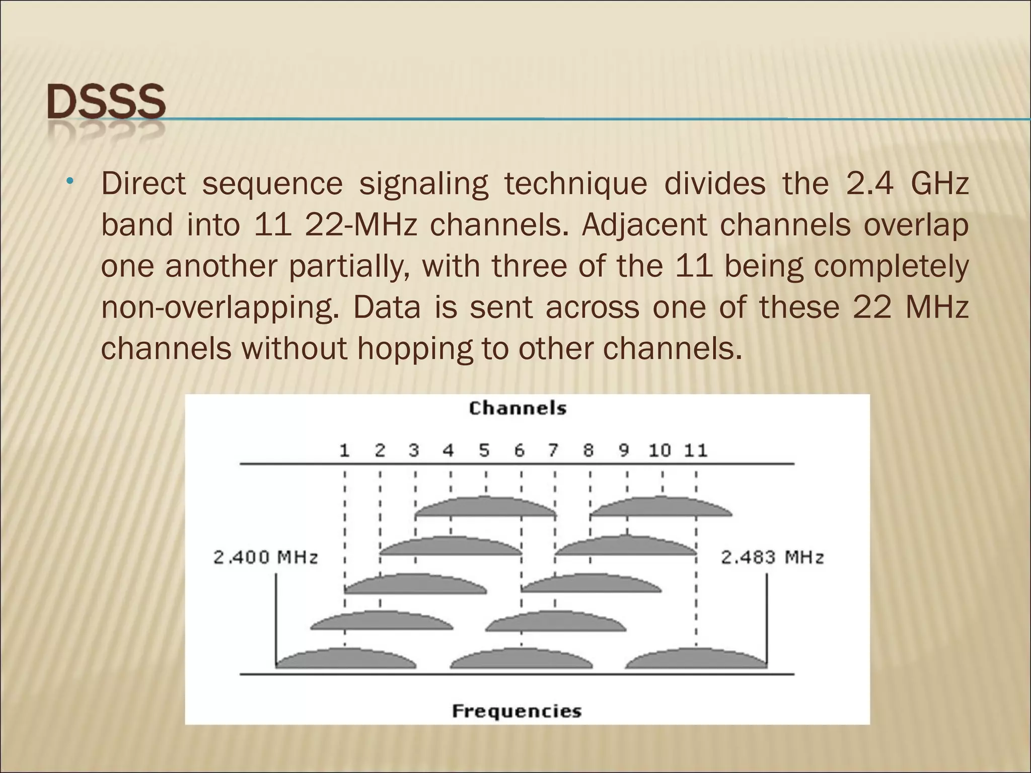 •   Direct sequence signaling technique divides the 2.4 GHz
    band into 11 22-MHz channels. Adjacent channels overlap
    one another partially, with three of the 11 being completely
    non-overlapping. Data is sent across one of these 22 MHz
    channels without hopping to other channels.
 