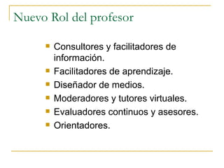 Nuevo Rol del profesor Consultores y facilitadores de información. Facilitadores de aprendizaje. Diseñador de medios. Moderadores y tutores virtuales. Evaluadores continuos y asesores. Orientadores. 