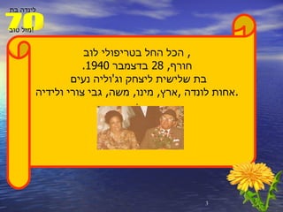 הכל החל בטריפולי לוב ,  חורף , 28  בדצמבר  1940. בת שלישית ליצחק וג ' וליה נעים  אחות לונדה  , ארץ ,  מינו ,  משה ,  גבי צורי ולידיה . . 