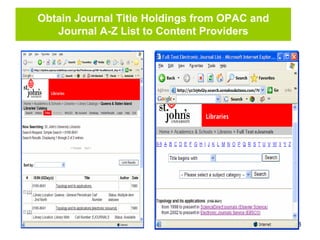 18
Obtain Journal Title Holdings from OPAC and
Journal A-Z List to Content Providers
 
