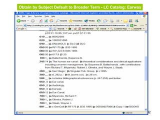 32
Obtain by Subject Default to Broader Term - LC Catalog: Earwax
 