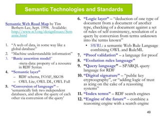 49
Semantic Technologies and Standards
Semantic Web Road Map by Tim
Berbers-Lee, Sept. 1998. Available:
http://www.w3.org/designIssues/Sem
antic.html
1. “A web of data, in some way like a
global database”
2. “Machine understandable information”
3. “Basic assertion model”
-meta-data: property of a resource
in RDF Syntax
4. “Semantic layer”
– RDF schema, FOAF, SKOS
– OWL Lite, OWL DL, OWL Full
5. “Conversion of language” –
‘semantically link two independent
databases, and allow the query of each
other via conversion of the query’
-
6. “Logic layer” – “deduction of one type of
document from a document of another
type, checking of a document against a set
of rules of self consistency, resolution of a
query by conversion from terms unknown
into the terms known”
• SWRL: a semantic Web Rule Language
combining OWL and RuleML
7. “Proof validation” – a language for proof
8. “Evolution rules language”
9. “Query language” – SPARQL query
language for RDF
10. “Digital signature” – “public key
cryptoography”, or “adding logic of trust
as icing on the cake of a reasoning
systems”
11. “Index terms” – RDF search engines
12. “Engine of the future” – combine a
reasoning engine with a search engine
 