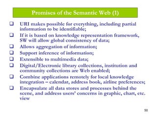 50
Promises of the Semantic Web (1)
URI makes possible for everything, including partial
information to be identifiable;
If it is based on knowledge representation framework,
SW will allow global consistency of data;
Allows aggregation of information;
Support inference of information;
Extensible to multimedia data;
Digital/Electronic library collections, institution and
community collections are Web enabled;
Combine applications remotely for local knowledge
integration – calendar, address book, airline preferences;
Encapsulate all data stores and processes behind the
scene, and address users’ concerns in graphic, chart, etc.
view
 