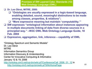 61
Promises of SW Layered Cake: Standards (12)
Web Ontology Language (OWL)
Dr. Leo Obrst, MITRE, 2006:
“Ontologies are usually expressed in a logic-based language,
enabling detailed, sound, meaningful distinctions to be made
among classes, properties, & relations”;
“More expressive meaning but maintain ‘computability.’”
SW expresses “ontological information about instances appearing
in multiple documents linking of data from diverse sources in a
principled way.” –W3C OWL Web Ontology Language Guide, 10
Feb. 2004
Expressive, aggregation, link, inference – capability of OWL
““Ontology Spectrum and Semantic ModelsOntology Spectrum and Semantic Models””
Dr. LeoDr. Leo ObrstObrst
MITREMITRE
Information Semantics GroupInformation Semantics Group
Information Discovery & UnderstandingInformation Discovery & Understanding
Center for Innovative Computing & InformaticsCenter for Innovative Computing & Informatics
January 12 & 19, 2006January 12 & 19, 2006
http://ontolog.cim3.net/cgihttp://ontolog.cim3.net/cgi--bin/wiki.pl?ConferenceCall_2006_01_12bin/wiki.pl?ConferenceCall_2006_01_12 inin
http://ontolog.cim3.net/cgihttp://ontolog.cim3.net/cgi--bin/wiki.pl?WikiHomePagebin/wiki.pl?WikiHomePage
 
