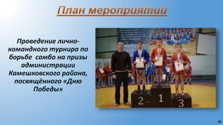 29
Проведение лично-
командного турнира по
борьбе самбо на призы
администрации
Камешковского района,
посвящённого «Дню
Победы»
 