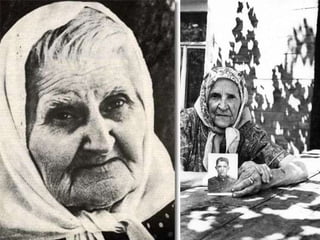 Вспомните другие города! Перед этими подвигами мы должны, обязаны
склонить голову.
Скоро мы будем отмечать семидесятилетие победы, но задумайтесь -
какой ценой досталось нам эта победа! Россия в это время отдавала все
для победы. Люди считали святым - отдать жизнь для победы. Сколько
миллионов людей погибло в эту войну. Матерям и женам некогда было
оплакивать своих родных, воевавших в окопах, они сами брали в руки
оружие и шли на врага.
 