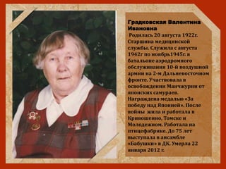 Градковская Валентина
Ивановна
Родилась 20 августа 1922г.
Старшина медицинской
службы. Служила с августа
1942г по ноябрь1945г. в
батальоне аэродромного
обслуживания 10-й воздушной
армии на 2-м Дальневосточном
фронте. Участвовала в
освобождении Манчжурии от
японских самураев.
Награждена медалью «За
победу над Японией». После
войны жила и работала в
Кривошеино, Томске и
Молодежном. Работала на
птицефабрике. До 75 лет
выступала в ансамбле
«Бабушки» в ДК. Умерла 22
января 2012 г.
 