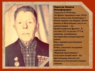 Пирогов Никита
Никифорович
Родился в 1919году.
На фронт призван в мае 1942г.
Сразу попал под Ленинград. С
боями прошел до Нарвы. Затем
воевал в Финляндии, после ее
капитуляции - на
Прибалтийском фронте . В
составе 527-го полка 177-й
дивизии освобождал
Австрию.Был неоднократно
ранен.
Имел правительственные
награды.
Войну закончил младшим
сержантом.
Мирный труд связан с
сельским хозяйством – на
протяжении многих лет
трудился в Туганском откорм -
совхозе.
 