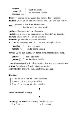 chasser
chasse (f)
chasseur (m)
sont des mots
de la même famille
déchirer: mettre en morceaux (du papier, des vêtements)
douleur (f): ce qu'on sent quand on a mal. Une douleur terrible.
Allez droit devant vous.
J'écris avec ma main droite.
droit
équiper: donner ce qui est nécessaire
équipé: qui a ce qui est nécessaire. Un touriste bien équipé.
hésiter: ne pas savoir ce qu'on doit faire
lointain: qui est loin; une forêt lointaine
marche (f): action de marcher. Une marche rapide, lente.
Attention!
P r é s e n t é e souffre, nous souffrons.
F u t u r s i m p 1 e: je souffrirai.
P a s s é c o m p o s é : j'ai souffert.
cadet, cadette Ф aîné (e)
colonie (f) de vacances = camp (m) de vacances
(en France) (chez nous)
 
