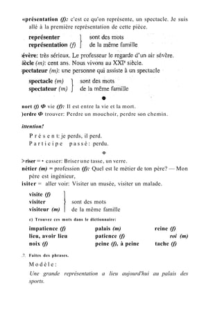 «présentation (f): c'est ce qu'on représente, un spectacle. Je suis
allé à la première représentation de cette pièce.
nort (f) Ф vie (f): Il est entre la vie et la mort.
)erdre Ф trouver: Perdre un mouchoir, perdre son chemin.
ittention!
P r é s e n t: je perds, il perd.
P a r t i c i p e p a s s é : perdu.
Ф
>riser =• casser: Briser une tasse, un verre.
nétier (m) = profession (f): Quel est le métier de ton père? — Mon
père est ingénieur,
isiter = aller voir: Visiter un musée, visiter un malade.
visite (f)
visiter
visiteur (m)
c) Trouvez ces mots dans le dictionnaire:
impatience (f) palais (m) reine (f)
lieu, avoir lieu patience (f) roi (m)
noix (f) peine (f), à peine tache (f)
.7. Faites des phrases.
M o d è l e :
Une grande représentation a lieu aujourd'hui au palais des
sports.
sont des mots
de la même famille
 