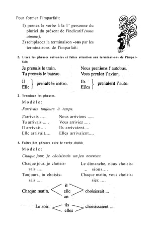 Pour former l'imparfait:
1) prenez le verbe à la lr e
personne du
pluriel du présent de l'indicatif (nous
aimons);
2) remplacez la terminaison -ons par les
terminaisons de l'imparfait:
2. Lisez les phrases suivantes et faites attention aux terminaisons de l'impar-
fait:
3. Terminez les phrases.
M o d è l e :
J'arrivais toujours à temps.
J'arrivais .... Nous arrivions ......
Tu arrivais ... . Vous arriviez ... .
Il arrivait.... Ils arrivaient....
Elle arrivait.... Elles arrivaient....
4. Faites des phrases avec le verbe choisir.
M o d è l e :
Chaque jour, je choisissais un jeu nouveau.
Chaque jour, je choisis-
sais ....
Toujours, tu choisis-
sais ... .
Le dimanche, nous choisis-
... sions....
Chaque matin, vous choisis-
siez ....
 