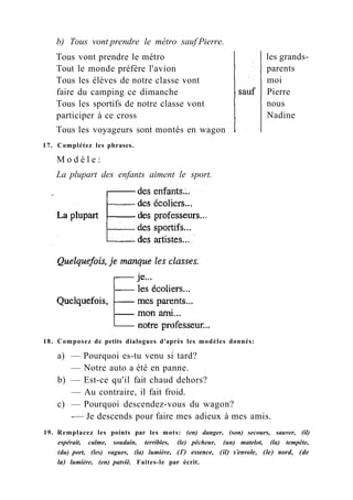 b) Tous vont prendre le métro sauf Pierre.
Tous vont prendre le métro
Tout le monde préfère l'avion
Tous les élèves de notre classe vont
faire du camping ce dimanche
Tous les sportifs de notre classe vont
participer à ce cross
Tous les voyageurs sont montés en wagon
17. Complétez les phrases.
M o d è l e :
La plupart des enfants aiment le sport.
les grands-
parents
moi
Pierre
nous
Nadine
18. Composez de petits dialogues d'après les modèles donnés:
a) — Pourquoi es-tu venu si tard?
— Notre auto a été en panne.
b) — Est-ce qu'il fait chaud dehors?
— Au contraire, il fait froid.
c) — Pourquoi descendez-vous du wagon?
-— Je descends pour faire mes adieux à mes amis.
19. Remplacez les points par les mots: (en) danger, (son) secours, sauver, (il)
espérait, calme, soudain, terribles, (le) pêcheur, (un) matelot, (la) tempête,
(du) port, (les) vagues, (la) lumière, (Г) essence, (il) s'envole, (le) nord, (de
la) lumière, (en) patvië. Faites-le par écrit.
 