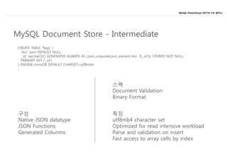 MySQL PowerGroup 2017년 1차 세미나
11
구성
Native JSON datatype
JSON Functions
Generated Columns
특징
utf8mb4 character set
Optimized for read intensive workload
Parse and validation on insert
Fast access to array cells by index
스펙
Document Validation
Binary Format
CREATE TABLE `flags` (
`doc` json DEFAULT NULL,
`_id` varchar(32) GENERATED ALWAYS AS (json_unquote(json_extract(`doc`,'$._id'))) STORED NOT NULL,
PRIMARY KEY (`_id`)
) ENGINE=InnoDB DEFAULT CHARSET=utf8mb4
;
MySQL Document Store - Intermediate
 