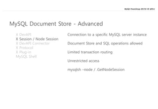 MySQL PowerGroup 2017년 1차 세미나
21
X DevAPI
X Session / Node Session
X DevAPI Connector
X Protocol
X Plug-in
MySQL Shell
Connection to a specific MySQL server instance
Document Store and SQL operations allowed
Limited transaction routing
Unrestricted access
mysqlsh –node / .GetNodeSession
MySQL Document Store - Advanced
 