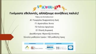 Γινόμαστε εθελοντές, αλλάζουμε συνήθειες παλιές!
Τάξεις και Εκπαιδευτικοί
Α1 Γεωργίου Ευφροσύνη-Ζωή
Γ1 Αριστείδου Άννα
Γ2 Γκόνου Ιφιγένεια
Ε1 Πλατή Κυριακή
Διευθύντρια: Φραντζή Αντιόπη
Σύνολο μαθητών/τριών: 102 μαθητές/τριες
 