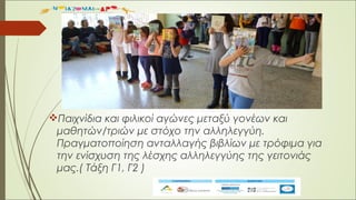 Παιχνίδια και φιλικοί αγώνες μεταξύ γονέων και
μαθητών/τριών με στόχο την αλληλεγγύη.
Πραγματοποίηση ανταλλαγής βιβλίων με τρόφιμα για
την ενίσχυση της λέσχης αλληλεγγύης της γειτονιάς
μας.( Τάξη Γ1, Γ2 )
 