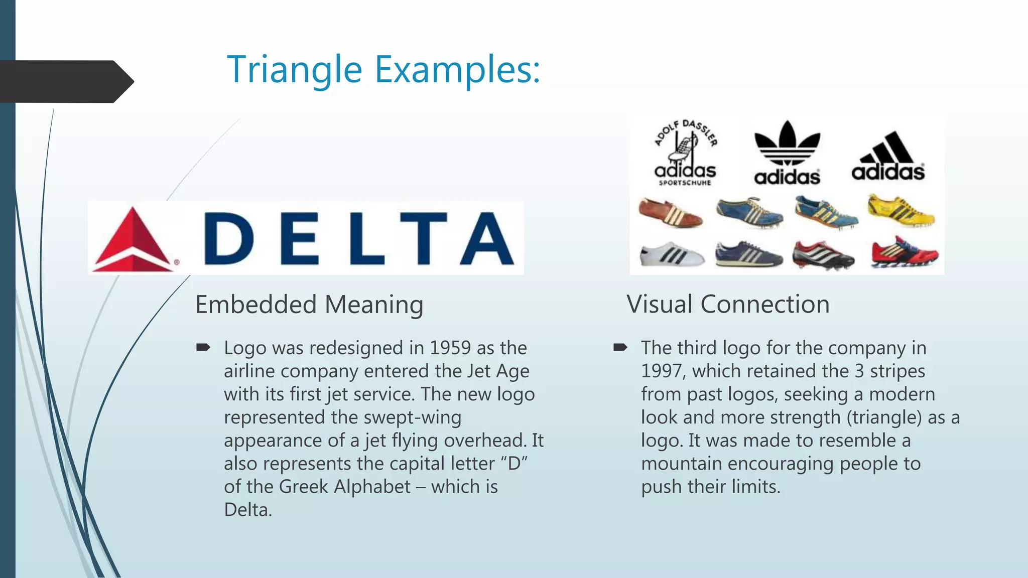 Triangle Examples:
Embedded Meaning
 Logo was redesigned in 1959 as the
airline company entered the Jet Age
with its first jet service. The new logo
represented the swept-wing
appearance of a jet flying overhead. It
also represents the capital letter “D”
of the Greek Alphabet – which is
Delta.
Visual Connection
 The third logo for the company in
1997, which retained the 3 stripes
from past logos, seeking a modern
look and more strength (triangle) as a
logo. It was made to resemble a
mountain encouraging people to
push their limits.
 