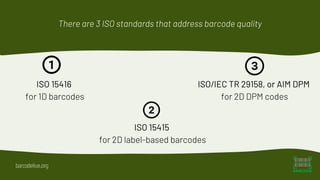 There are 3 ISO standards that address barcode quality
ISO 15416
for 1D barcodes
ISO 15415
for 2D label-based barcodes
ISO...