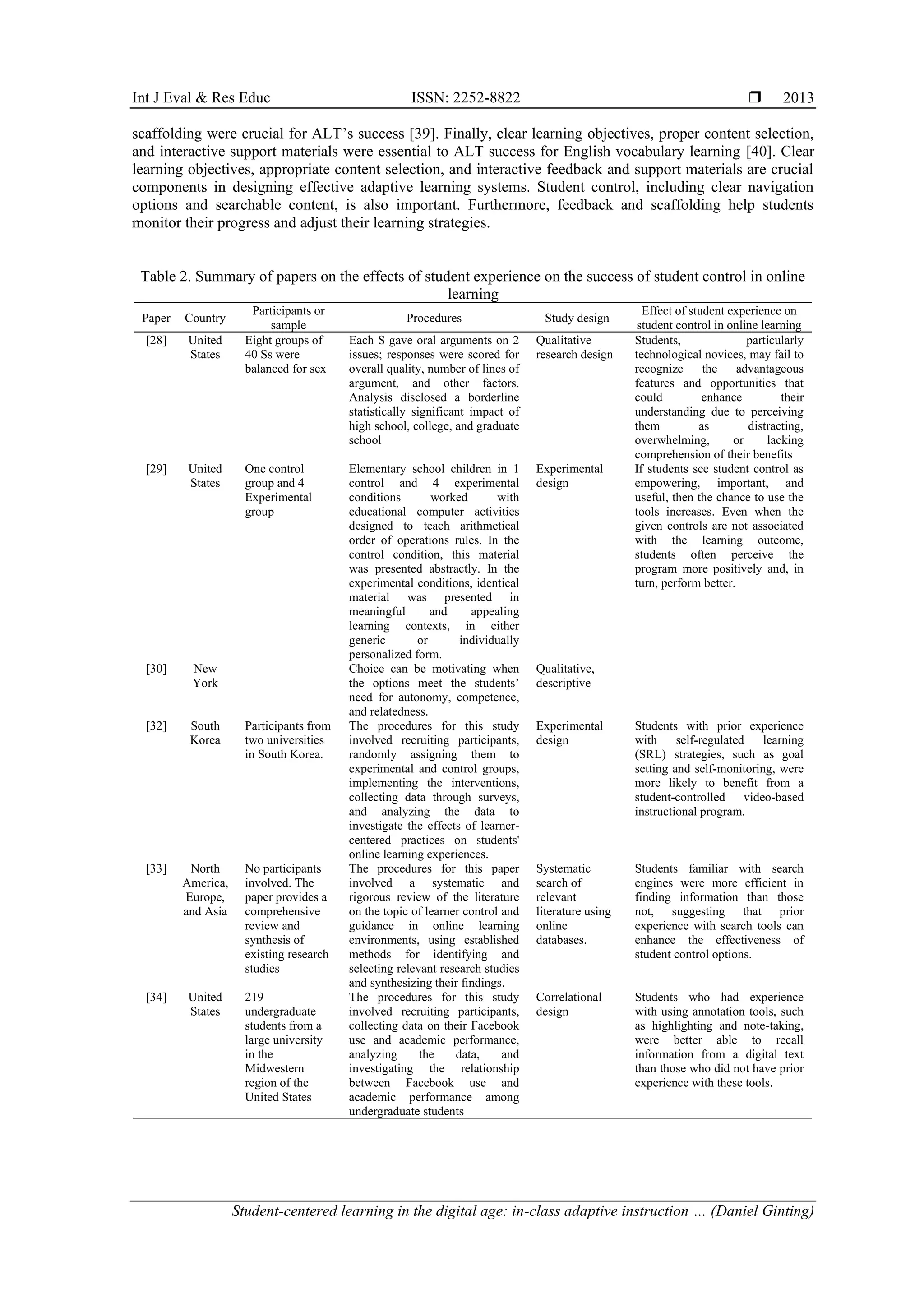 Int J Eval & Res Educ ISSN: 2252-8822 
Student-centered learning in the digital age: in-class adaptive instruction … (Daniel Ginting)
2013
scaffolding were crucial for ALT’s success [39]. Finally, clear learning objectives, proper content selection,
and interactive support materials were essential to ALT success for English vocabulary learning [40]. Clear
learning objectives, appropriate content selection, and interactive feedback and support materials are crucial
components in designing effective adaptive learning systems. Student control, including clear navigation
options and searchable content, is also important. Furthermore, feedback and scaffolding help students
monitor their progress and adjust their learning strategies.
Table 2. Summary of papers on the effects of student experience on the success of student control in online
learning
Paper Country
Participants or
sample
Procedures Study design
Effect of student experience on
student control in online learning
[28] United
States
Eight groups of
40 Ss were
balanced for sex
Each S gave oral arguments on 2
issues; responses were scored for
overall quality, number of lines of
argument, and other factors.
Analysis disclosed a borderline
statistically significant impact of
high school, college, and graduate
school
Qualitative
research design
Students, particularly
technological novices, may fail to
recognize the advantageous
features and opportunities that
could enhance their
understanding due to perceiving
them as distracting,
overwhelming, or lacking
comprehension of their benefits
[29] United
States
One control
group and 4
Experimental
group
Elementary school children in 1
control and 4 experimental
conditions worked with
educational computer activities
designed to teach arithmetical
order of operations rules. In the
control condition, this material
was presented abstractly. In the
experimental conditions, identical
material was presented in
meaningful and appealing
learning contexts, in either
generic or individually
personalized form.
Experimental
design
If students see student control as
empowering, important, and
useful, then the chance to use the
tools increases. Even when the
given controls are not associated
with the learning outcome,
students often perceive the
program more positively and, in
turn, perform better.
[30] New
York
Choice can be motivating when
the options meet the students’
need for autonomy, competence,
and relatedness.
Qualitative,
descriptive
[32] South
Korea
Participants from
two universities
in South Korea.
The procedures for this study
involved recruiting participants,
randomly assigning them to
experimental and control groups,
implementing the interventions,
collecting data through surveys,
and analyzing the data to
investigate the effects of learner-
centered practices on students'
online learning experiences.
Experimental
design
Students with prior experience
with self-regulated learning
(SRL) strategies, such as goal
setting and self-monitoring, were
more likely to benefit from a
student-controlled video-based
instructional program.
[33] North
America,
Europe,
and Asia
No participants
involved. The
paper provides a
comprehensive
review and
synthesis of
existing research
studies
The procedures for this paper
involved a systematic and
rigorous review of the literature
on the topic of learner control and
guidance in online learning
environments, using established
methods for identifying and
selecting relevant research studies
and synthesizing their findings.
Systematic
search of
relevant
literature using
online
databases.
Students familiar with search
engines were more efficient in
finding information than those
not, suggesting that prior
experience with search tools can
enhance the effectiveness of
student control options.
[34] United
States
219
undergraduate
students from a
large university
in the
Midwestern
region of the
United States
The procedures for this study
involved recruiting participants,
collecting data on their Facebook
use and academic performance,
analyzing the data, and
investigating the relationship
between Facebook use and
academic performance among
undergraduate students
Correlational
design
Students who had experience
with using annotation tools, such
as highlighting and note-taking,
were better able to recall
information from a digital text
than those who did not have prior
experience with these tools.
 