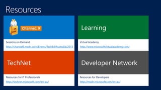 http://msdn.microsoft.com/en-au/
http://www.microsoftvirtualacademy.com/http://channel9.msdn.com/Events/TechEd/Australia/2013
http://technet.microsoft.com/en-au/
 