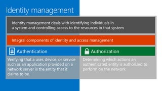 Verifying that a user, device, or service
such as an application provided on a
network server is the entity that it
claims to be.
Determining which actions an
authenticated entity is authorized to
perform on the network
 