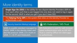 the ability for two disjoint Identity Providers (IDP) to
trust each other such that a user logged into one does not need to log in again
for the second. YAUP is what you get if you don’t have SSO.
SAML is a public standard managed by
OASIS. SAML is the identity token and
also the protocol. SAML 2.0 is built on
SAML 1.1, ID-FF and Shibboleth.
The Relying Party (RP) is the system that relies on the Identity Provider to
authenticate a user.
WS-Federation is used for web browser
based authentication with an IDP. WS-
Trust is used by Office rich client apps
to authenticate.
 