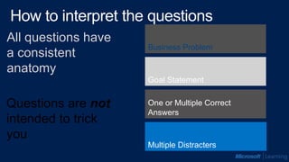 One or Multiple Correct
Answers
Goal Statement
Business Problem
All questions have
a consistent
anatomy
Multiple Distracters
Questions are not
intended to trick
you
 