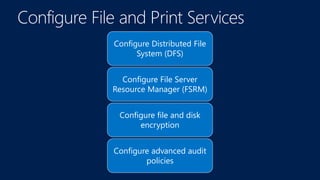 Configure Distributed File
System (DFS)
Configure File Server
Resource Manager (FSRM)
Configure file and disk
encryption
Configure advanced audit
policies
 