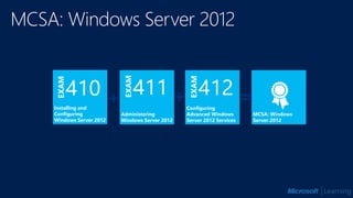 +
Administering
Windows Server 2012
Configuring
Advanced Windows
Server 2012 Services
+ =Installing and
Configuring
Windows Server 2012
MCSA: Windows
Server 2012
 