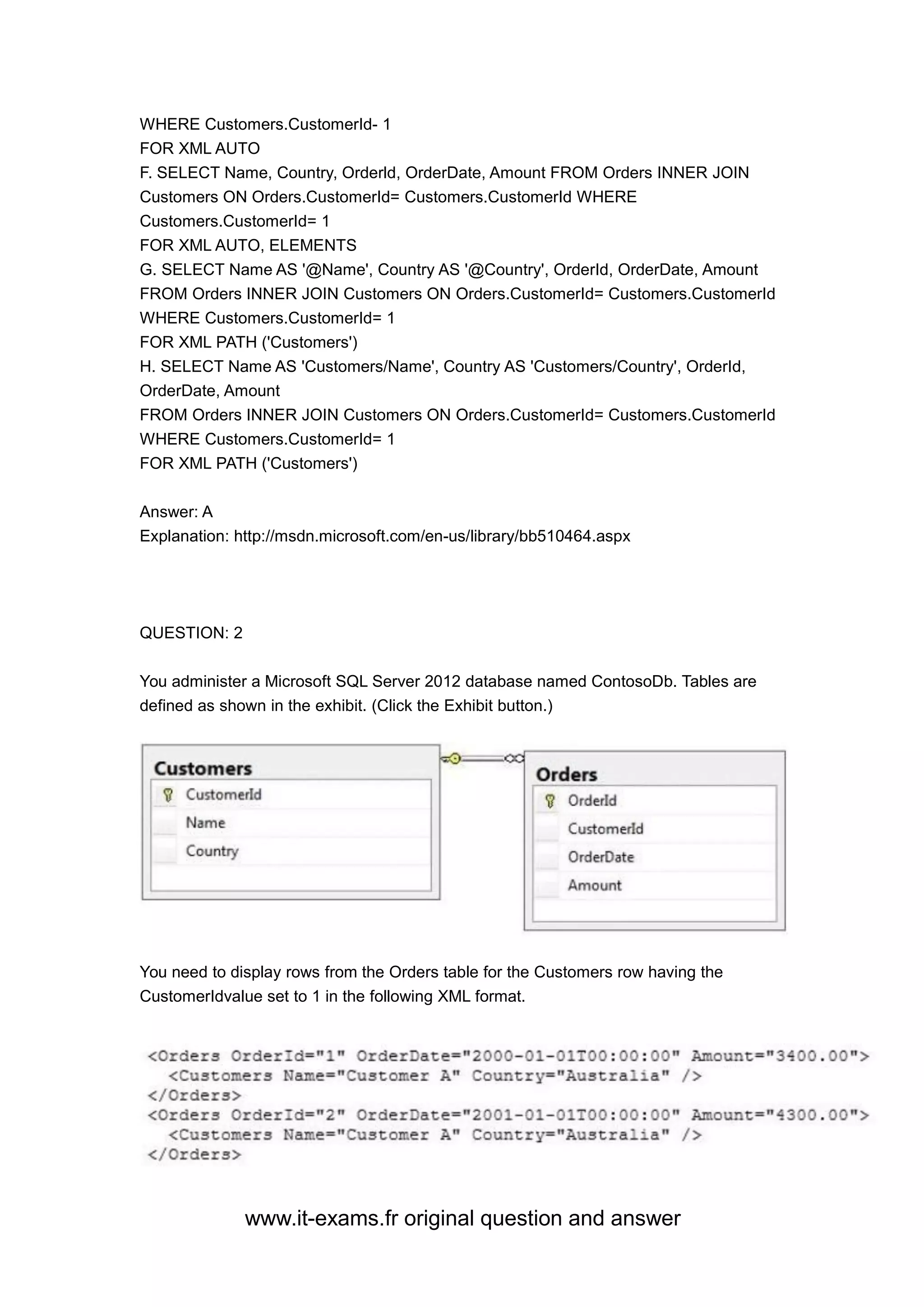 www.it-exams.fr original question and answer
WHERE Customers.CustomerId- 1
FOR XML AUTO
F. SELECT Name, Country, Orderld, OrderDate, Amount FROM Orders INNER JOIN
Customers ON Orders.CustomerId= Customers.CustomerId WHERE
Customers.CustomerId= 1
FOR XML AUTO, ELEMENTS
G. SELECT Name AS '@Name', Country AS '@Country', OrderId, OrderDate, Amount
FROM Orders INNER JOIN Customers ON Orders.CustomerId= Customers.CustomerId
WHERE Customers.CustomerId= 1
FOR XML PATH ('Customers')
H. SELECT Name AS 'Customers/Name', Country AS 'Customers/Country', OrderId,
OrderDate, Amount
FROM Orders INNER JOIN Customers ON Orders.CustomerId= Customers.CustomerId
WHERE Customers.CustomerId= 1
FOR XML PATH ('Customers')
Answer: A
Explanation: http://msdn.microsoft.com/en-us/library/bb510464.aspx
QUESTION: 2
You administer a Microsoft SQL Server 2012 database named ContosoDb. Tables are
defined as shown in the exhibit. (Click the Exhibit button.)
You need to display rows from the Orders table for the Customers row having the
CustomerIdvalue set to 1 in the following XML format.
 