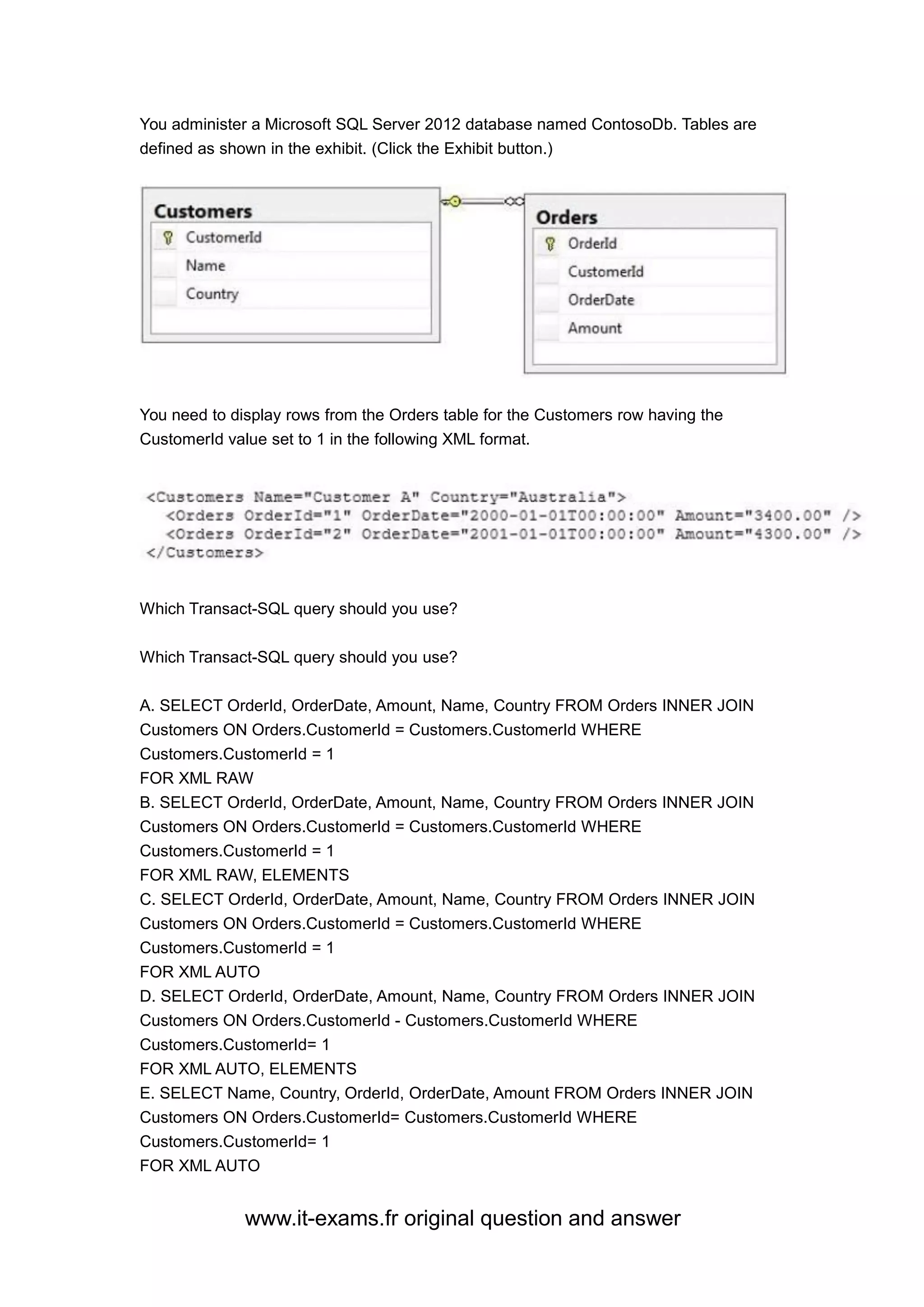 www.it-exams.fr original question and answer
You administer a Microsoft SQL Server 2012 database named ContosoDb. Tables are
defined as shown in the exhibit. (Click the Exhibit button.)
You need to display rows from the Orders table for the Customers row having the
CustomerId value set to 1 in the following XML format.
Which Transact-SQL query should you use?
Which Transact-SQL query should you use?
A. SELECT OrderId, OrderDate, Amount, Name, Country FROM Orders INNER JOIN
Customers ON Orders.CustomerId = Customers.CustomerId WHERE
Customers.CustomerId = 1
FOR XML RAW
B. SELECT OrderId, OrderDate, Amount, Name, Country FROM Orders INNER JOIN
Customers ON Orders.CustomerId = Customers.CustomerId WHERE
Customers.CustomerId = 1
FOR XML RAW, ELEMENTS
C. SELECT OrderId, OrderDate, Amount, Name, Country FROM Orders INNER JOIN
Customers ON Orders.CustomerId = Customers.CustomerId WHERE
Customers.CustomerId = 1
FOR XML AUTO
D. SELECT OrderId, OrderDate, Amount, Name, Country FROM Orders INNER JOIN
Customers ON Orders.CustomerId - Customers.CustomerId WHERE
Customers.CustomerId= 1
FOR XML AUTO, ELEMENTS
E. SELECT Name, Country, OrderId, OrderDate, Amount FROM Orders INNER JOIN
Customers ON Orders.CustomerId= Customers.CustomerId WHERE
Customers.CustomerId= 1
FOR XML AUTO
 